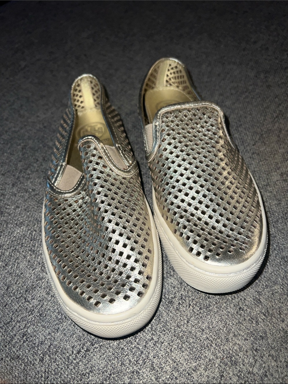 Tory Burch Metallic Silver Slip-On Sneakers EUC 5.5